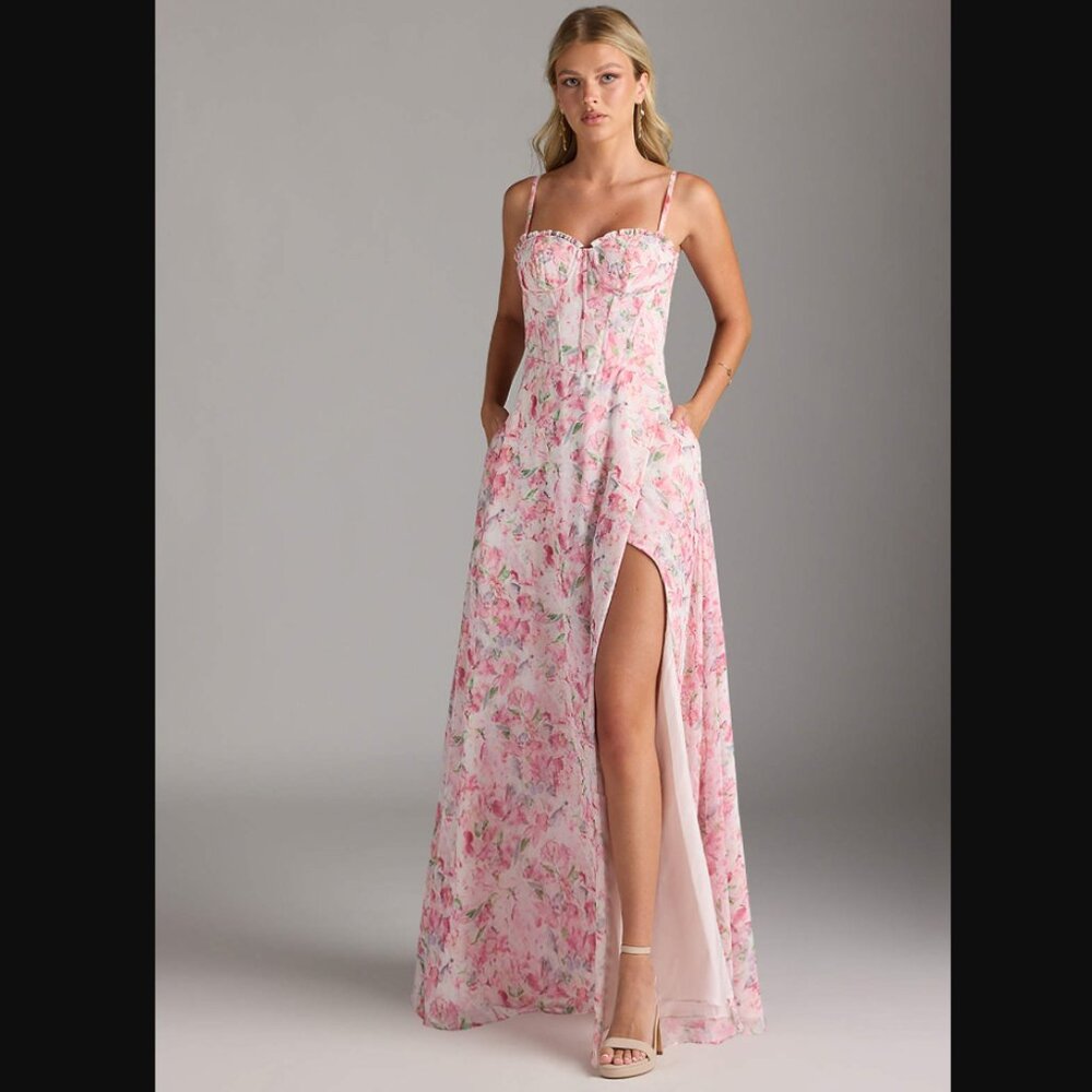 Azazie Holly Pink Abstract Watercolor Floral Bridesmaid Dress Size A10 (M)